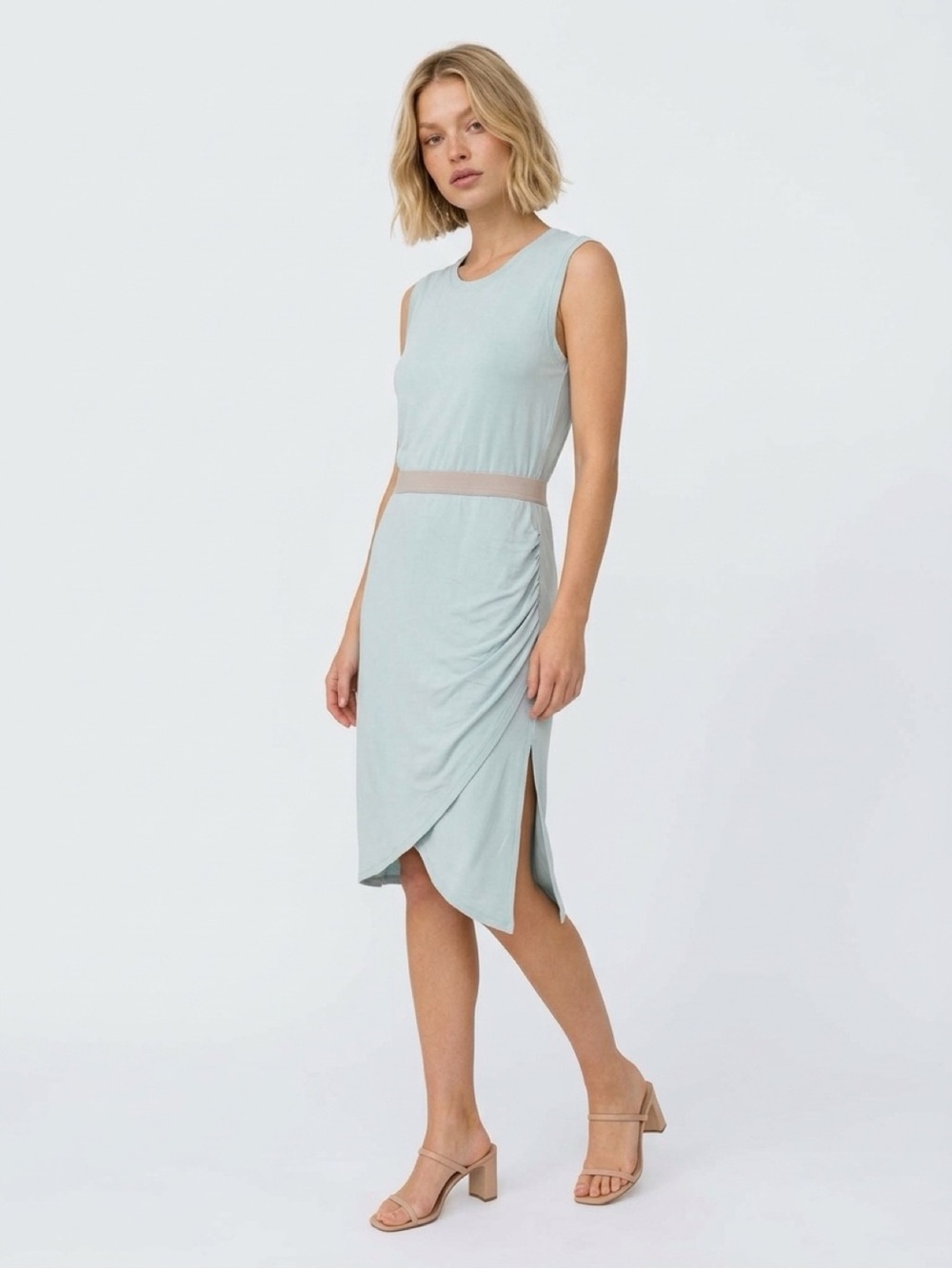 BCBGMaxazria Sleeveless Mint Wrap Hem Dress with Contrast Waistband